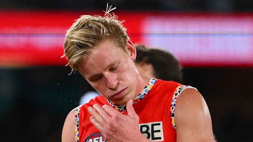 Isaac Heeney of the Swans reacts following the round 17 AFL match between St Kilda Saints and Sydney Swans.