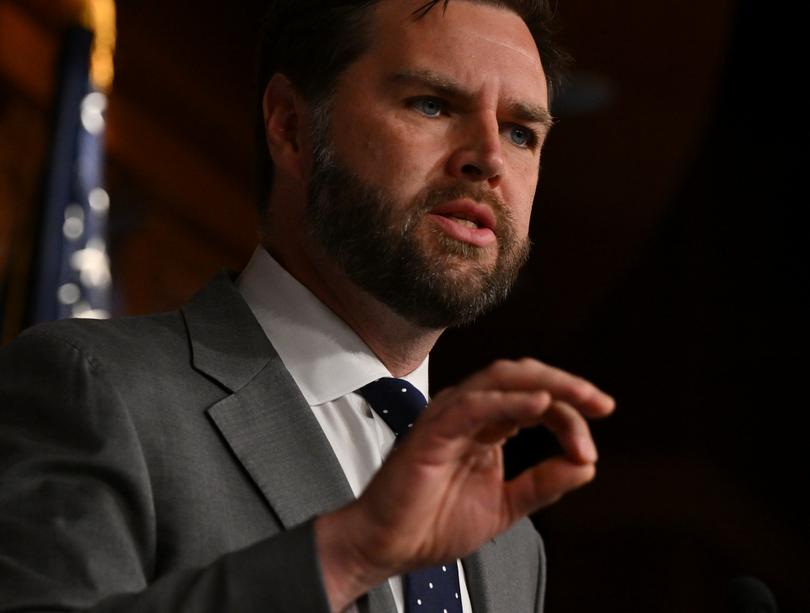 Sen. J.D. Vance (R-Ohio) speaks during a news conference on border security at the U.S. Capitol in May. MUST CREDIT: Ricky Carioti/The Washington Post