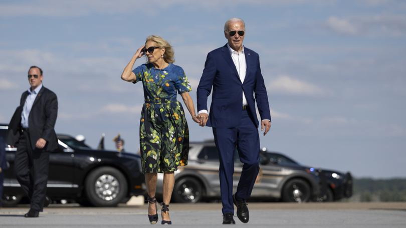 President Joe Biden and first lady Jill Biden board Air Force One at Harrisburg International Airport in Middletown, Pa., on Sunday, July 7, 2024. (Tom Brenner/The New York Times)