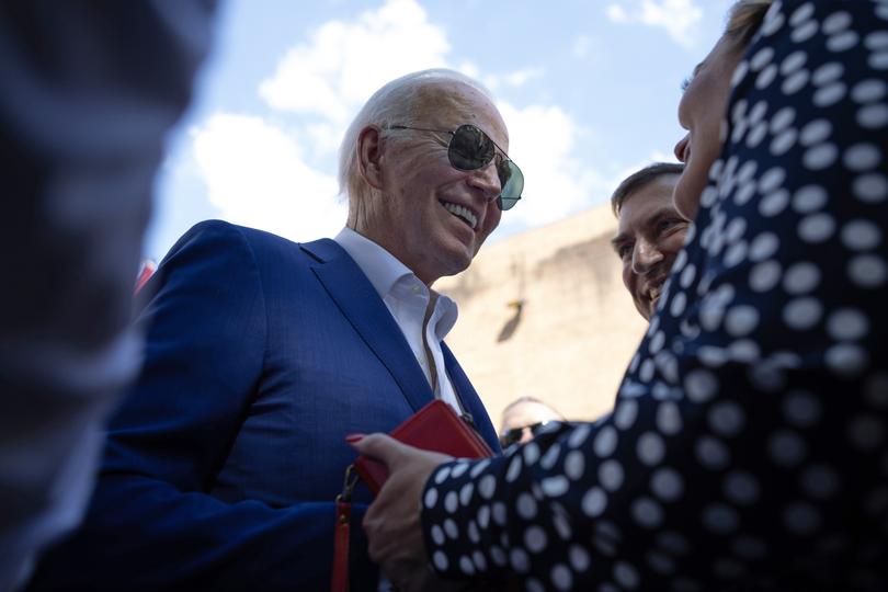 President Joe Biden greets attendees during a campaign event in Lawnton, Pa., on Sunday, July 7, 2024.