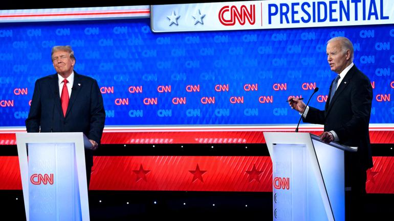 US President Joe Biden and former US President and Republican presidential candidate Donald Trump participate in the first presidential debate.