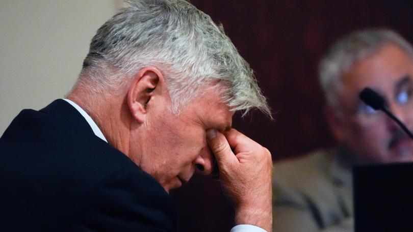 Alec Baldwin listens to testimony during a pretrial hearing at the First Judicial District Courthouse in New Mexico.