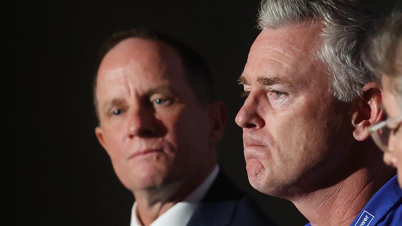 Sport. AFL. Press Conference at Eagles HQ. Adam Simpson steps down as coach of the West Coast Eagles. (L-R) Eagles CEO Don Pyke and Coach Adam Simpson. Jackson Flindell