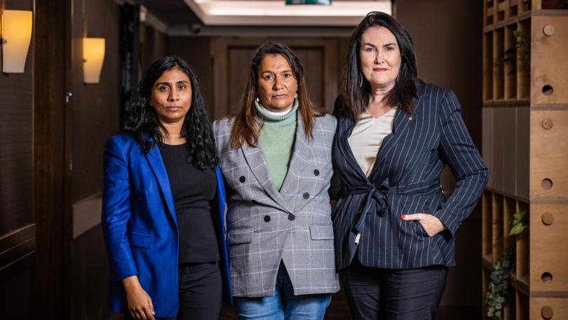 Parliamentary enquiry committee member Zaneta Mascarenhas, lived experience hearing witness Shanane Hogg and the inquiry committee’s chair Deborah O'Neill. 