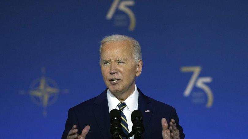 President Joe Biden speaks during an event commemorating the 75th Anniversary of NATO at the Andrew W. Mellon Auditorium on the sidelines of the NATO summit in Washington on Tuesday, July 9, 2024. (AP Photo/Susan Walsh)