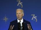 President Joe Biden speaks during an event commemorating the 75th Anniversary of NATO at the Andrew W. Mellon Auditorium on the sidelines of the NATO summit in Washington on Tuesday, July 9, 2024. (AP Photo/Susan Walsh)