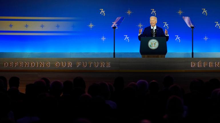 President Joe Biden speaks during  the 75th Anniversary of NATO commemoration in Washington. 