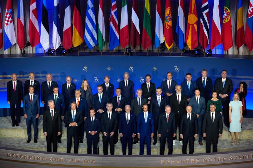 NATO leaders pose for a family photo before President Joe Biden, front row centre, delivers remarks on the 75th anniversary of NATO.