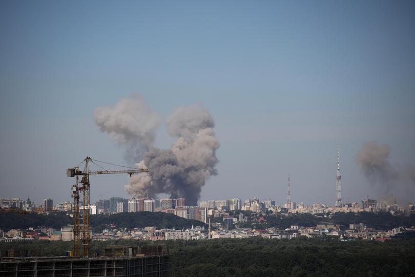 Smoke from the missile explosions from Russia’s strikes on Kyiv on Monday. 