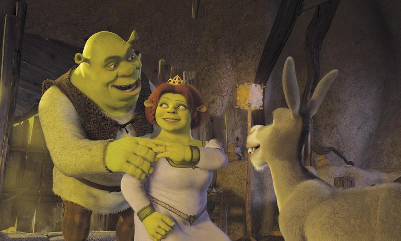 Newlyweds Shrek (MIKE MYERS) and Princess Fiona (CAMERON DIAZ) come home from their honeymoon and are greeted by Donkey (EDDIE MURPHY) who has been anxiously awaiting their return in DreamWorks Pictures? computer-animated comedy SHREK 2.