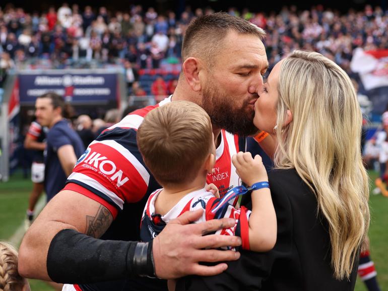 Jared Waerea-Hargreaves of the Roosters walks out and embraces his wife and family ahead of his 307th game.