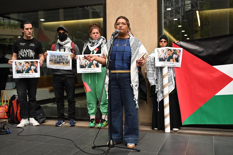 Australian Greens Senator Mehreen Faruqi (2nd right) speaks at a Pro-Palestine demonstration in Melbourne, Wednesday, April 3, 2024. 