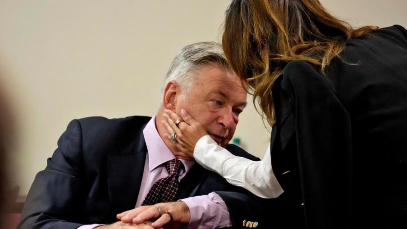 ctor Alec Baldwin speaks with his wife Hilaria Baldwin during his hearing at Santa Fe County District Court.