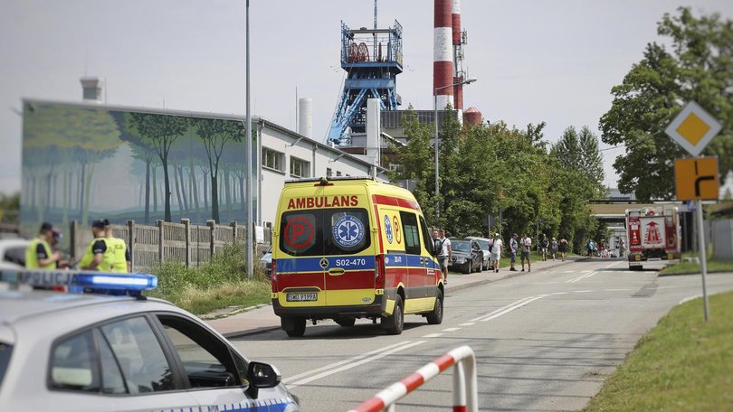 An ambulance heads into the Rydultowy coal mine