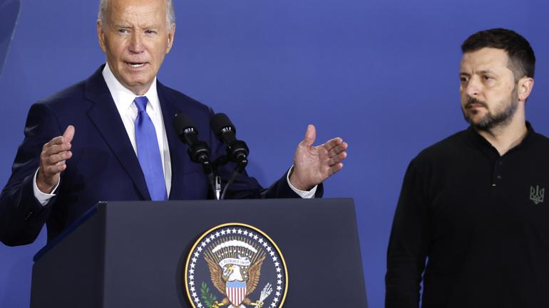 WASHINGTON, DC - JULY 11: U.S. President Joe Biden and Ukraine President Volodymyr Zelenskyy participate in the launching of the Ukraine Compact at the 2024 NATO Summit on July 11, 2024 in Washington, DC. NATO leaders convene in Washington this week for the annual summit to discuss future strategies and commitments and mark the 75th anniversary of the alliances founding. (Photo by Kevin Dietsch/Getty Images)