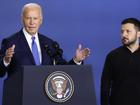 WASHINGTON, DC - JULY 11: U.S. President Joe Biden and Ukraine President Volodymyr Zelenskyy participate in the launching of the Ukraine Compact at the 2024 NATO Summit on July 11, 2024 in Washington, DC. NATO leaders convene in Washington this week for the annual summit to discuss future strategies and commitments and mark the 75th anniversary of the alliances founding. (Photo by Kevin Dietsch/Getty Images)