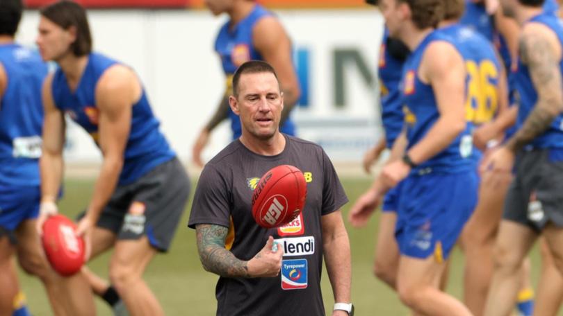 Interim West Coast coach Jarrad Schofield is yet to reveal whether he'll seek the job fulltime. (Richard Wainwright/AAP PHOTOS)