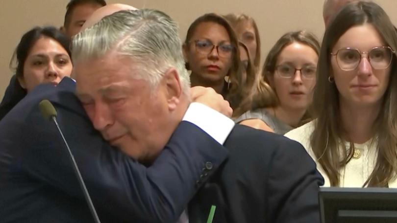 Actor Alec Baldwin reacts after the judge threw out the involuntary manslaughter case for the 2021 fatal shooting of cinematographer Halyna Hutchins.