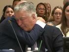 Actor Alec Baldwin reacts after the judge threw out the involuntary manslaughter case for the 2021 fatal shooting of cinematographer Halyna Hutchins.