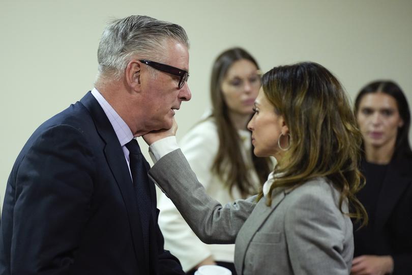 Hilaria Baldwin speaks to her husband, actor Alec Baldwin, during his trial.