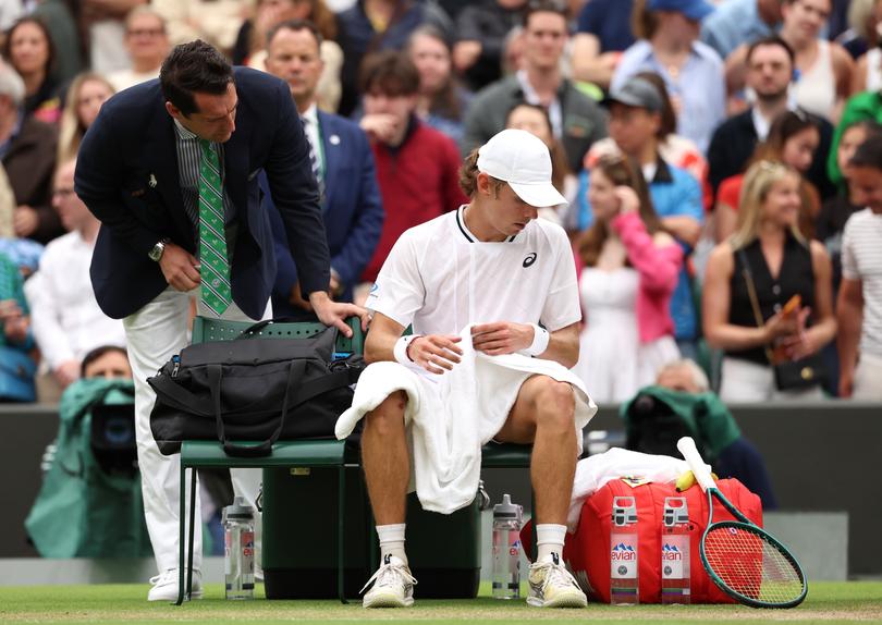 LONDON, ENGLAND - JULY 08: Alex de Minaur of Australia reacts following victory against Arthur Fils of France in his Gentlemen's Singles fourth round match during day eight of The Championships Wimbledon 2024 at All England Lawn Tennis and Croquet Club on July 08, 2024 in London, England. (Photo by Sean M. Haffey/Getty Images)