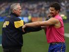 Adam Simpson with Liam Duggan before West Coast’s game against Brisbane.