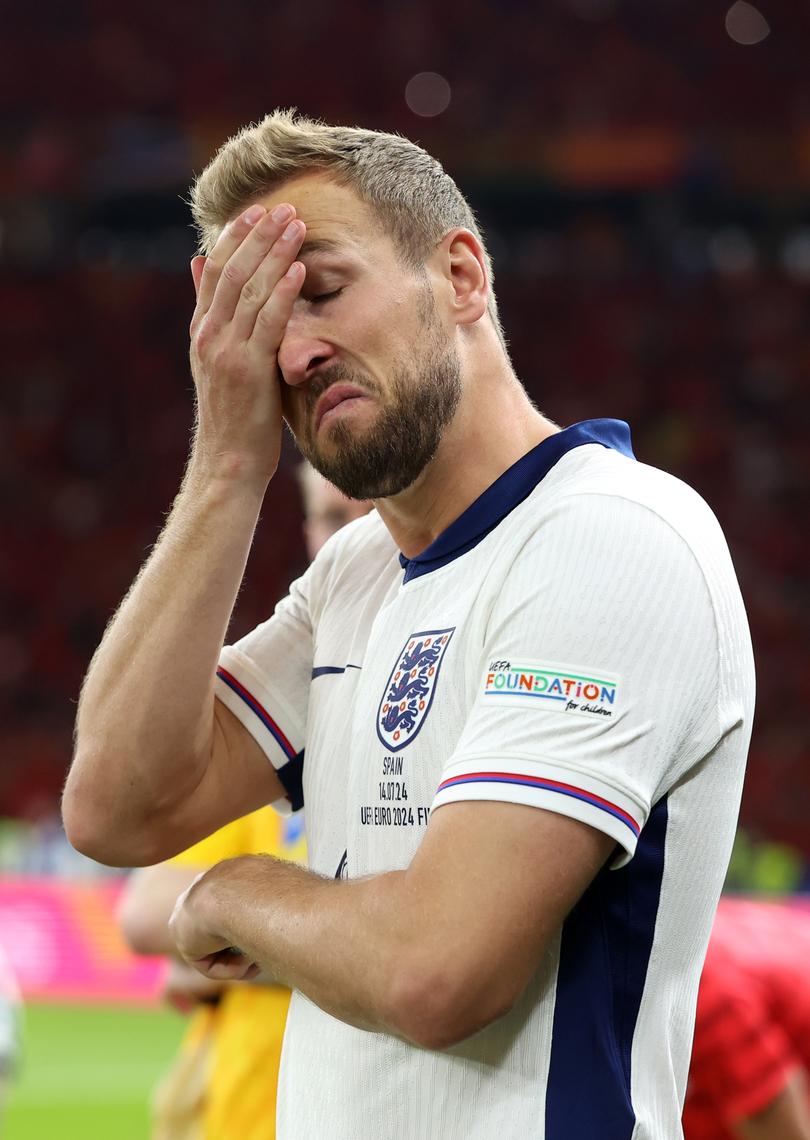 BERLIN, GERMANY - JULY 14: Harry Kane of England looks dejected after defeat to Spain during the UEFA EURO 2024 final match between Spain and England at Olympiastadion on July 14, 2024 in Berlin, Germany. (Photo by Richard Pelham/Getty Images)