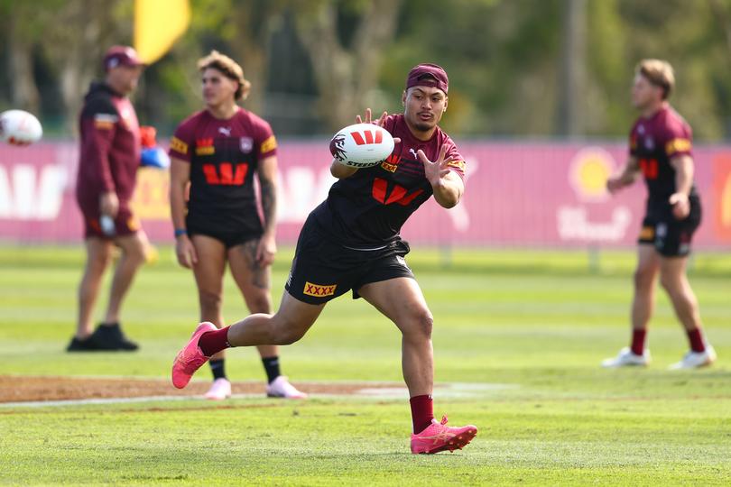 GOLD COAST, AUSTRALIA - JULY 13: Jeremiah Nanai during a Queensland Maroons state of origin squad training session at Sanctuary Cove on July 13, 2024 in Gold Coast, Australia. (Photo by Chris Hyde/Getty Images)