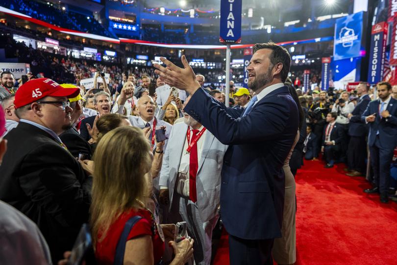 Sen. JD Vance (R-Ohio), the newly announced running mate to former President Donald Trump, takes the floor on the first day of the Republican National Convention.