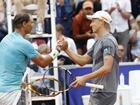 Rafael Nadal and Leo Borg shake hands after the Spaniard's win in their match in Sweden. (EPA PHOTO)