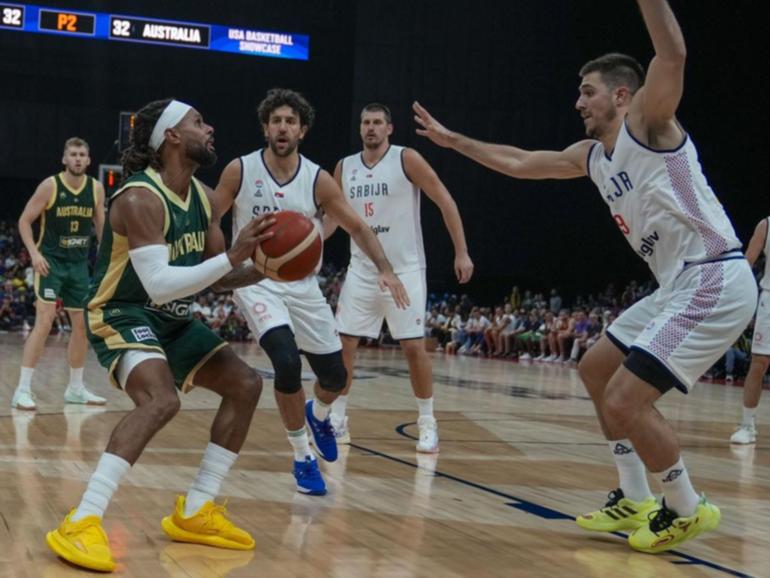 Patty Mills on the offensive during his 28-point performance against Serbia.