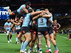 NSW celebrate Bradman Best's try in the State of Origin series-clinching win over Queensland.  (Darren England/AAP PHOTOS)