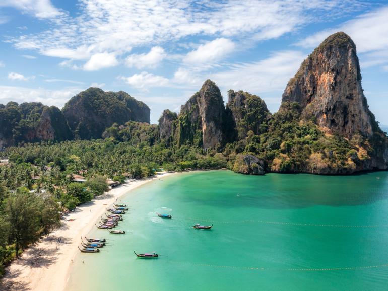 Aerial view of Railay beach seen from a drone One of Thailand's most famous luxurious beach in summer sunny day in Krabi, Thailand.