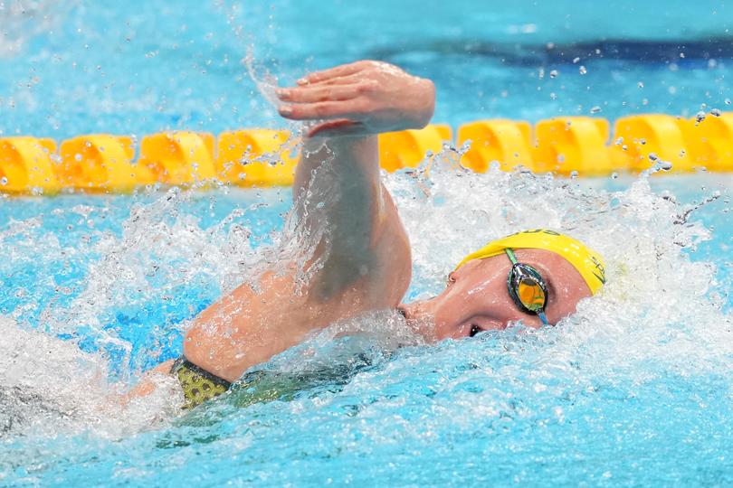 Ariarne Titmus shows her sparkly nails as she competes in the Women’s 4x200m Freestyle Relay Final at the Tokyo Olympic Games.