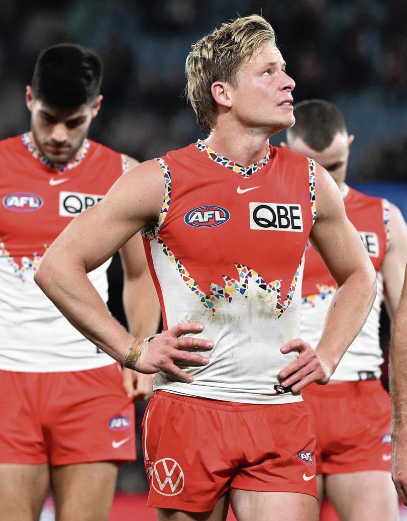 Isaac Heeney of the Swans leaves the field after being defeated in the AFL Round 17 match between the St Kilda Saints and the Sydney Swans at Marvel Stadium in Melbourne, Sunday, July 7, 2024. (AAP Image/Joel Carrett) NO ARCHIVING, EDITORIAL USE ONLY