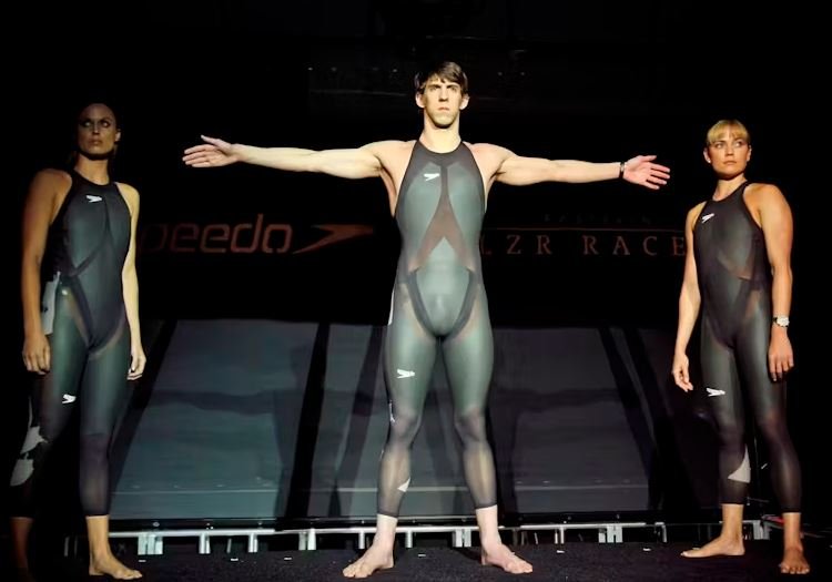 American Olympic medallists pose in Speedo LZR Racer swimsuits in February 2008 ahead of the Beijing Summer Olympics.