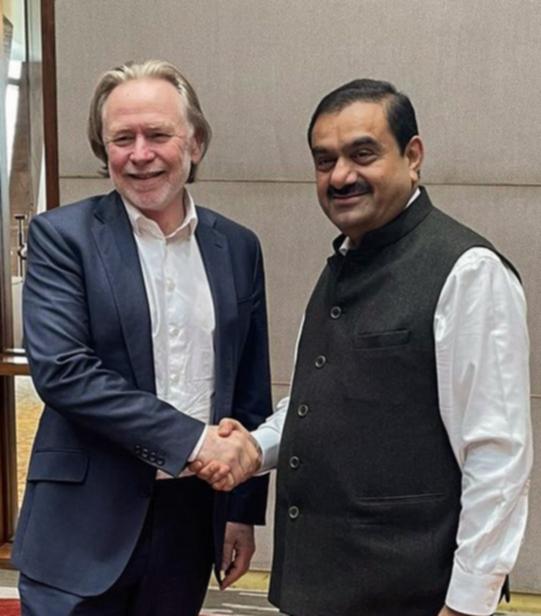 Australia's High Commissioner to India Philip Green, left, meets with Adani Group Chairman Gautam Adani back in April.