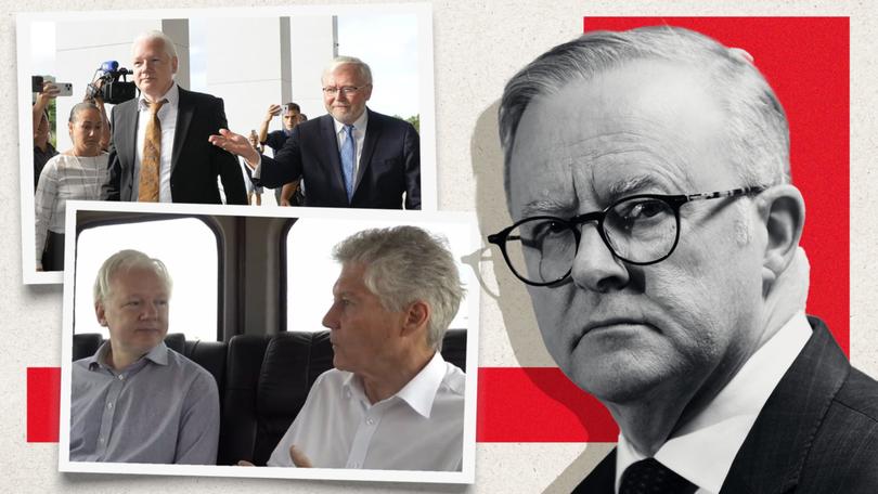 Anthony Albanese and, insets, Julian Assange being escorted by Kevin Rudd and Stephen Smith. Main picture: Jono Searle