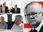 Anthony Albanese and, insets, Julian Assange being escorted by Kevin Rudd and Stephen Smith. Main picture: Jono Searle