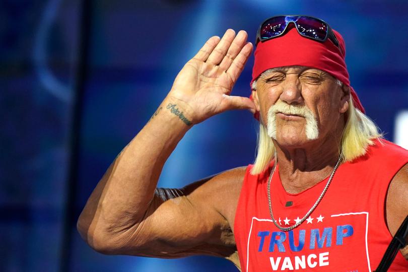 Hulk Hogan, former professional wrestler, during the Republican National Convention (RNC) at the Fiserv Forum in Milwaukee, Wisconsin, US, on Thursday, July 18, 2024. The RNC chairman warned against complacency when his party concludes its official nominating jamboree this week with polls predicting ex-President Donald Trump prevailing over President Joe Biden in the November election. Photographer: Al Drago/Bloomberg