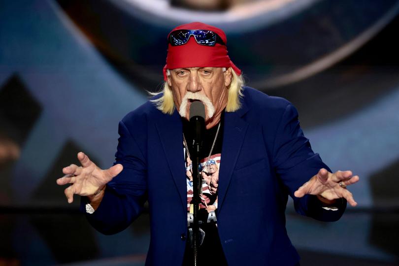 Hulk Hogan, former professional wrestler, speaks during the Republican National Convention (RNC) at the Fiserv Forum in Milwaukee, Wisconsin, US, on Thursday, July 18, 2024. The RNC chairman warned against complacency when his party concludes its official nominating jamboree this week with polls predicting ex-President Donald Trump prevailing over President Joe Biden in the November election. Photographer: Hannah Beier/Bloomberg