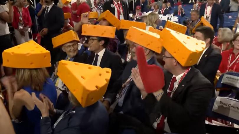 Delegates from Wisconsin have been sporting the hats, known as a ‘Cheesehead’ at the convention to showcase pride in their great state, it would seem.