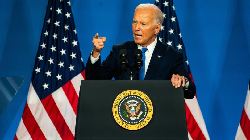 President Biden speaks at a news conference during NATO's 75th-anniversary summit in Washington.