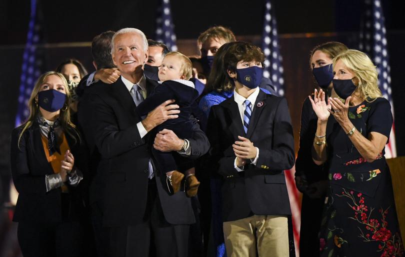 The families of President Joe Biden and Vice President Kamala D. Harris after victory speeches in the parking lot of the Chase Center on the Riverfront in Wilmington, Del., on Nov. 7, 2020. 