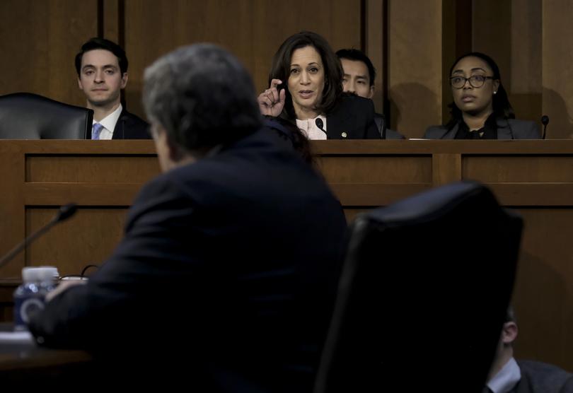 Sen. Kamala Harris questions Attorney General nominee William P. Barr during a hearing before the Senate Judiciary Committee in 2018. 