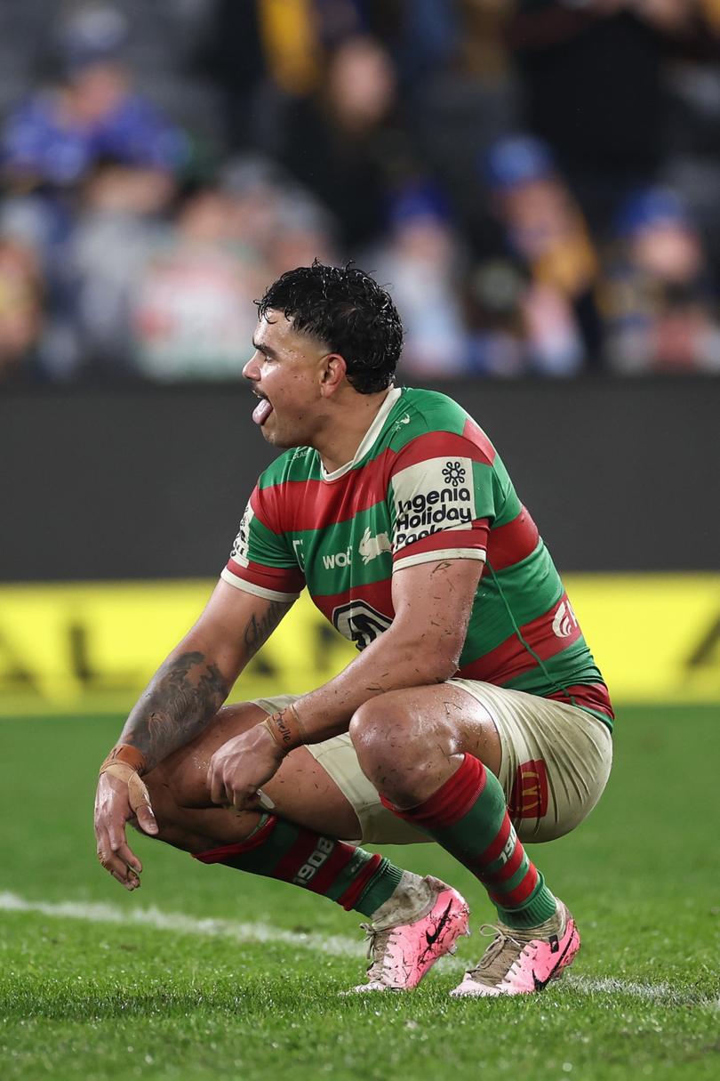 SYDNEY, AUSTRALIA - JULY 04: Latrell Mitchell of the Rabbitohs looks on at full-time during the round 18 NRL match between Parramatta Eels and South Sydney Rabbitohs at CommBank Stadium, on July 04, 2024, in Sydney, Australia. (Photo by Cameron Spencer/Getty Images)