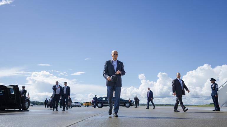 FILE  President Joe Biden walks to speak to reporters before boarding Air Force One in Madison, Wis., July 5, 2024. Democrats greeted Bidens departure from the presidential race with an avalanche of cash, donating more than $30 million online on Sunday, July 21, and making it the single biggest day for online Democratic contributions since the 2020 election  with hours still to go. (Tom Brenner/The New York Times)