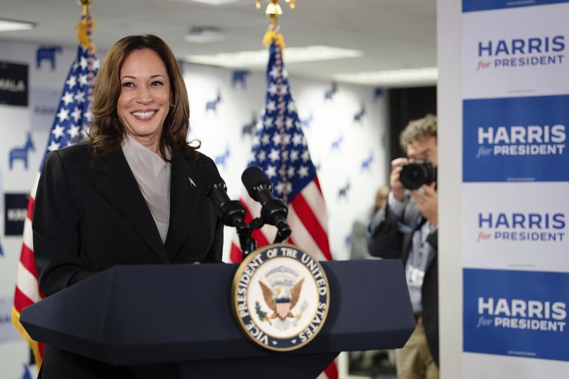 Vice President Kamala Harris speaks at her campaign headquarters in Wilmington, Del., Monday, July 22, 2024. 