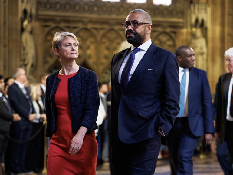 UK Home Secretary Yvette Cooper and Shadow Home Secretary James Cleverly at the Palace of Westminster ahead of the State Opening of Parliament last week.