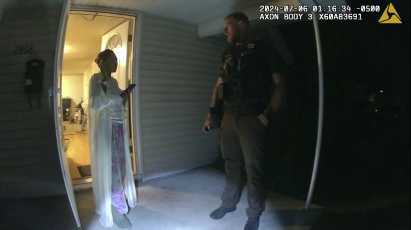 Bodycam footage shows, Sonya Massey, left, talking with former Sangamon County Sheriff’s Deputy Sean Grayson outside her home.